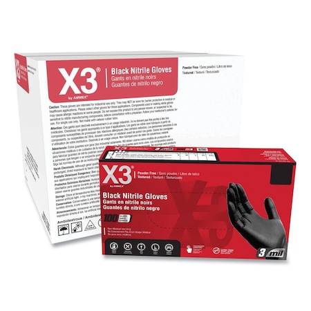 Ammex X3, Disposable Gloves, 3 mil Palm, Nitrile, Powder-Free, 2XL, 1000 PK, Black BX349100